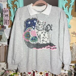 Vintage Haband For Her Gray Cat Collared Sweatshirt Women’s Sz.M VTG Grandma 90s